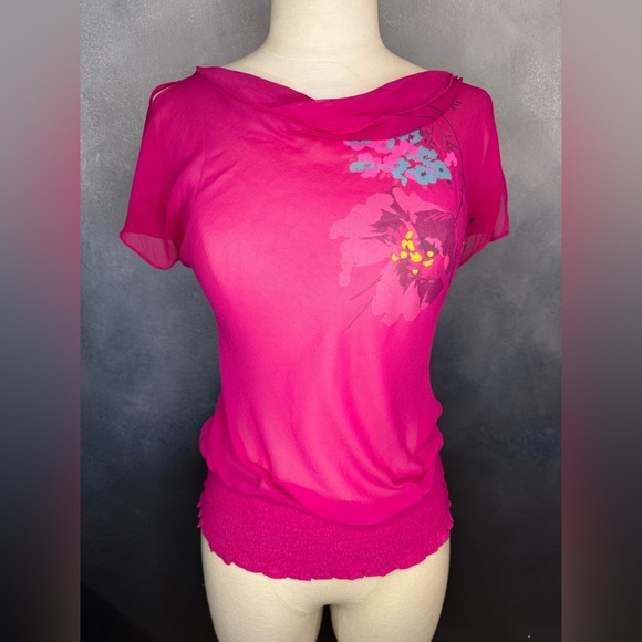 💖Y2K Express 100% Silk Fuchsia Floral Sheer Top - Size 3/4💖 - Picture 1 of 9